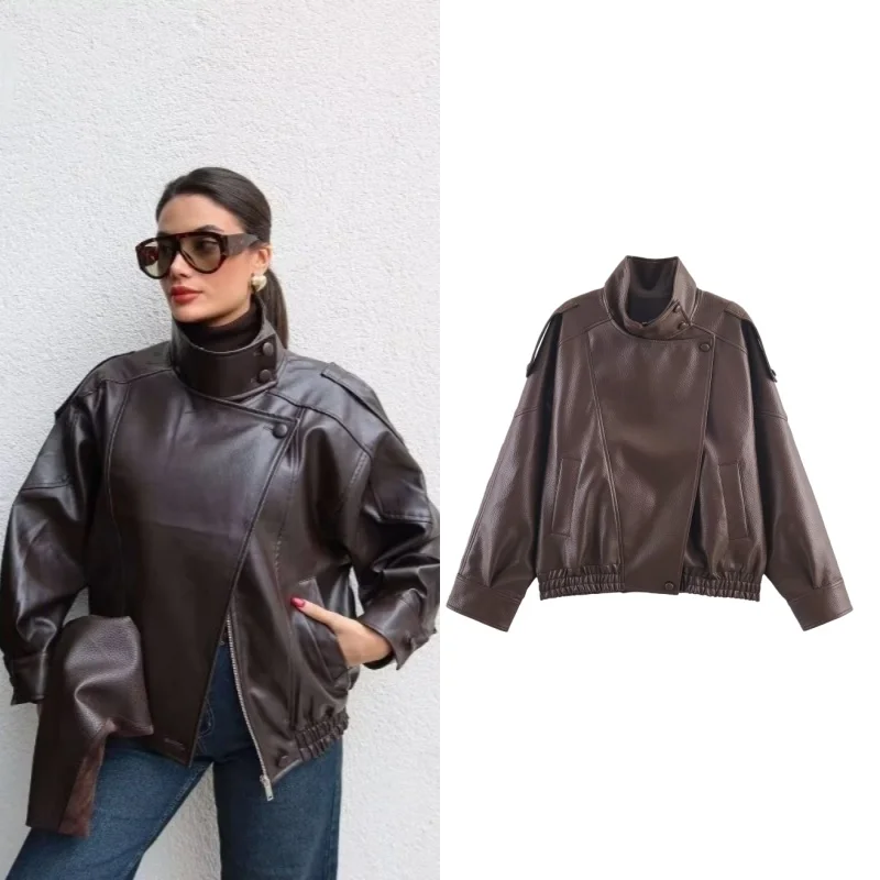 

Tidalyf 2025 Women Textured Faux Leather Jacket Stand Collar Zipper Front Long Sleeve Stylish Casual Outerwear