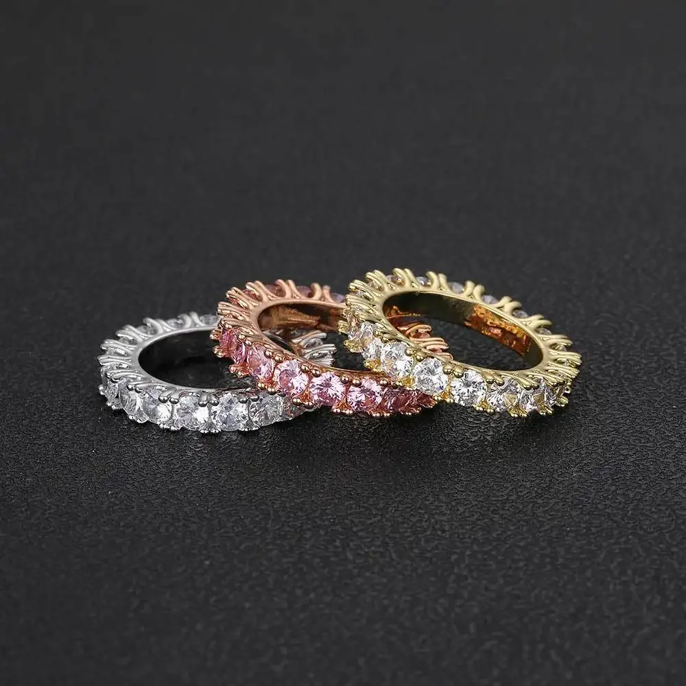 Original Single Row Daimond Zircon Tennis Ring 4mm Men Women's Wedding Bands Hip Hop Party Anillos Silver Gold Jewelry