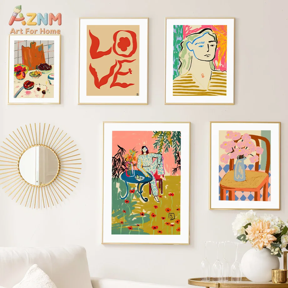 AZNM Matisse Style Colorful Abstract Figure Floral Still Life Canvas Wall Art Boho Vibrant Line Print Unframed Canvas For Bedroo
