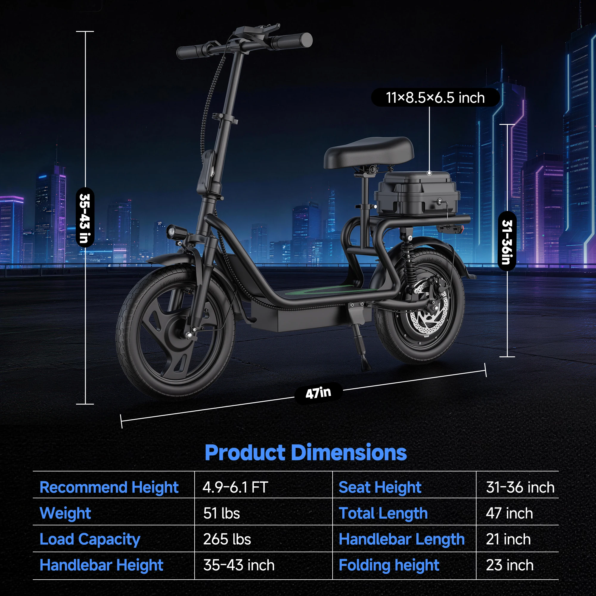 Scooter Eléctrico con Asiento, 500W, 48V, 15.6Ah, 14 Pulgadas, para Adultos, Uso Urbano, Velocidad Máxima 22MPH, Alcance de 38 Millas, Control por Aplicación, Disponible en la UE 3