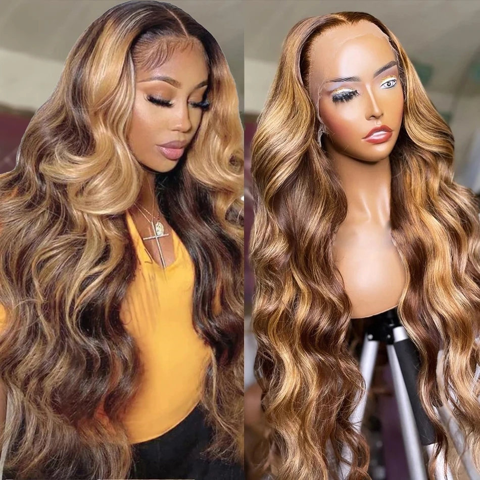 

Hd Transparent 13x4 Body Wave Lace Front Wig Colored Highlight Brazilian Remy 4/27 Blonde Pre Plucked Human Hair Wigs For Women