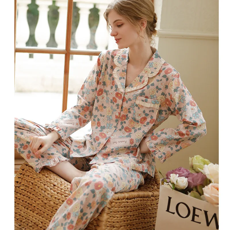 100% Cotton Pajamas Women Autumn Cardigan Two Piece Suit Long Sleeve Home Clothes Floral Sexy Sleepwear Nightwears for Ladies