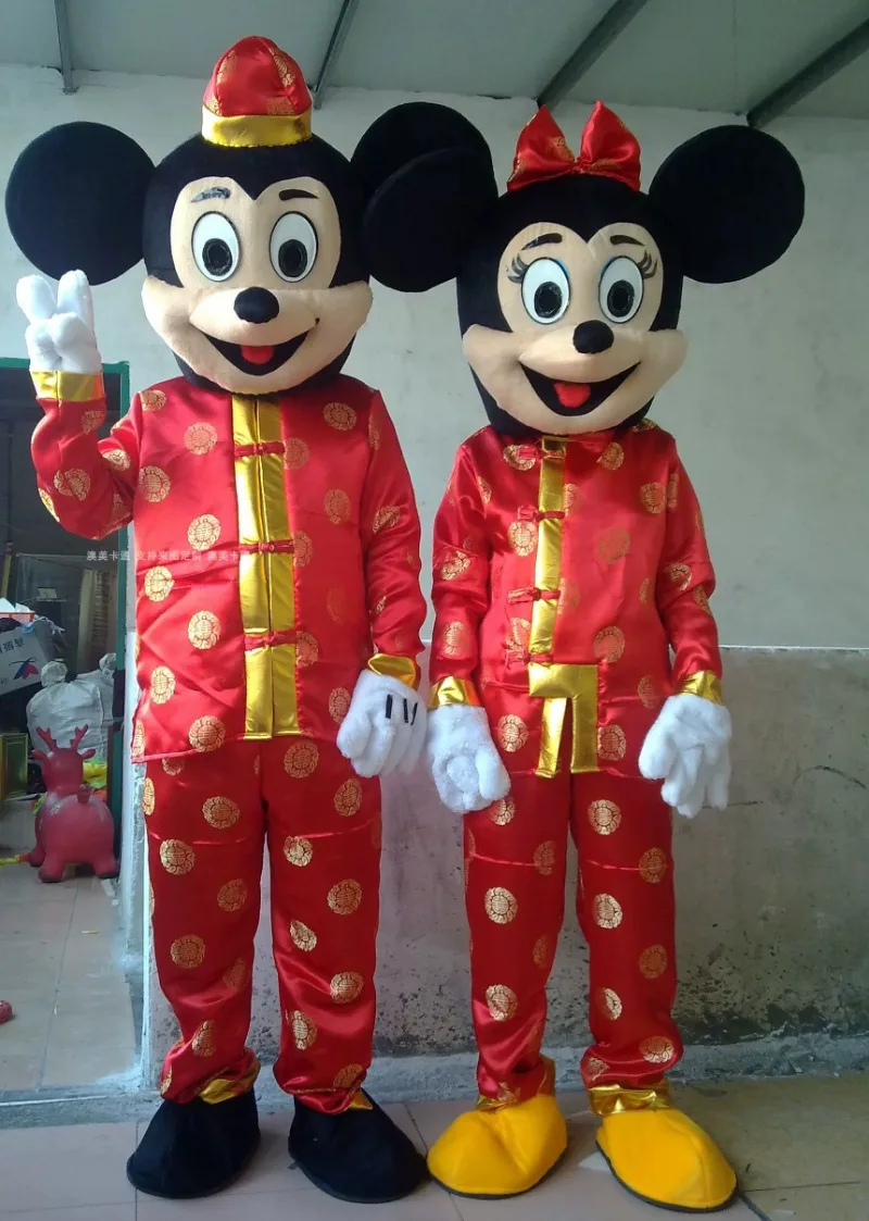 

Potdemiel Disney Red Tang Suit Mickey Minnie Mouse Mascot Costume Adults Chinese New Year Wedding Party Cosplay Outfits