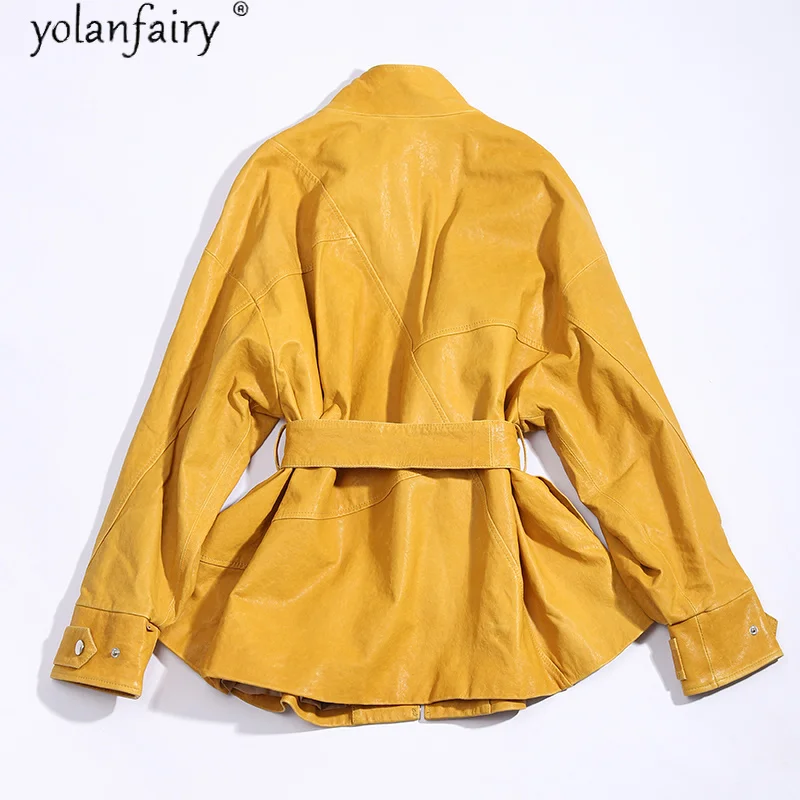 Leather Fashion Genuine Jacket Women 100% Real Sheepskin Coat Yellow Vintage Korean Leather Jackets for Women 2023 -1