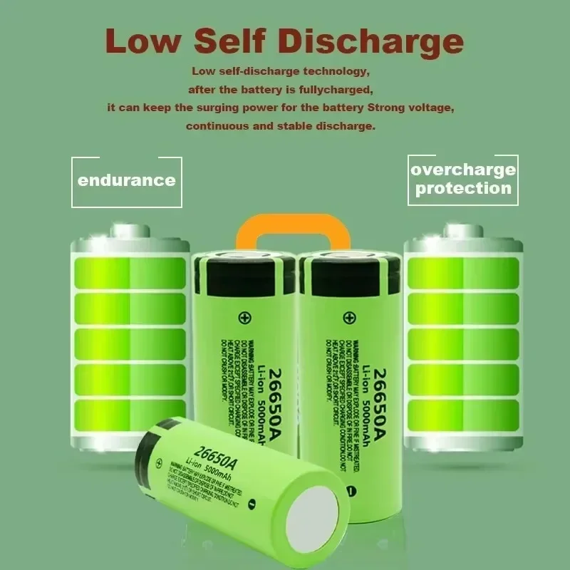 4.2V 26650A 5000mAh แบตเตอรี่ลิเธียมความจุสูง 100% สีส้ม แบตเตอรี่แบบชาร์จไฟได้สำหรับไฟฉาย พร้อมไฟฉายขนาดเล็กเป็นของขวัญ