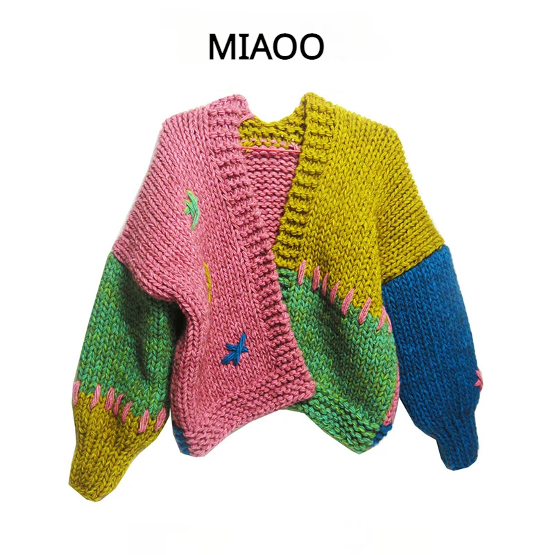 MIAOO Women Handmade Wool Blended Chunky Knit Sweater Autumn/Winter New in Colossal Knit Cardigan Embroidered Flowers Knitwear