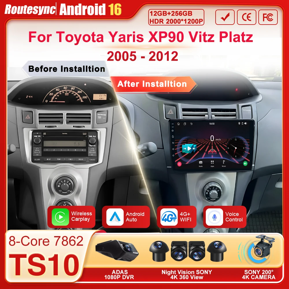 

Для Toyota Yaris XP90 Vitz Platz 2005-2012: Беспроводное CarPlay/Android Auto, автомагнитола с GPS-навигацией, Bluetooth, 8-ядерный процессор