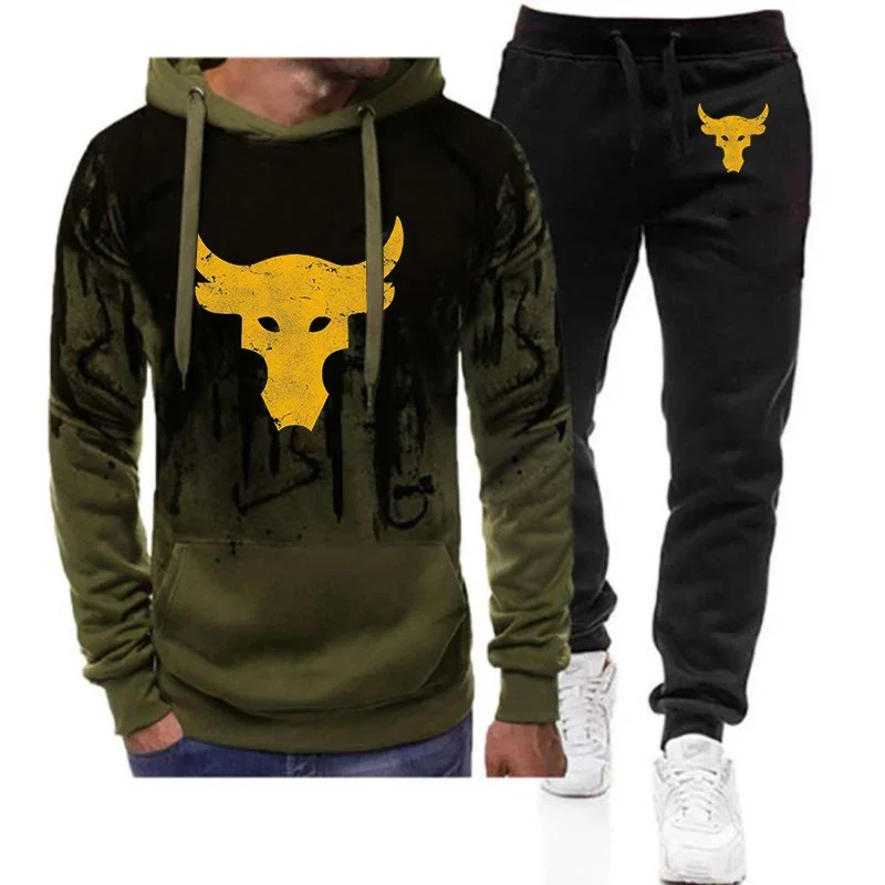 Dwayne Johnson Brahma Bull Tattoo Logo Print Spring Autumn Men's Tracksuit Casual Gradient Color Pullover+Jogging Sweatpants Set