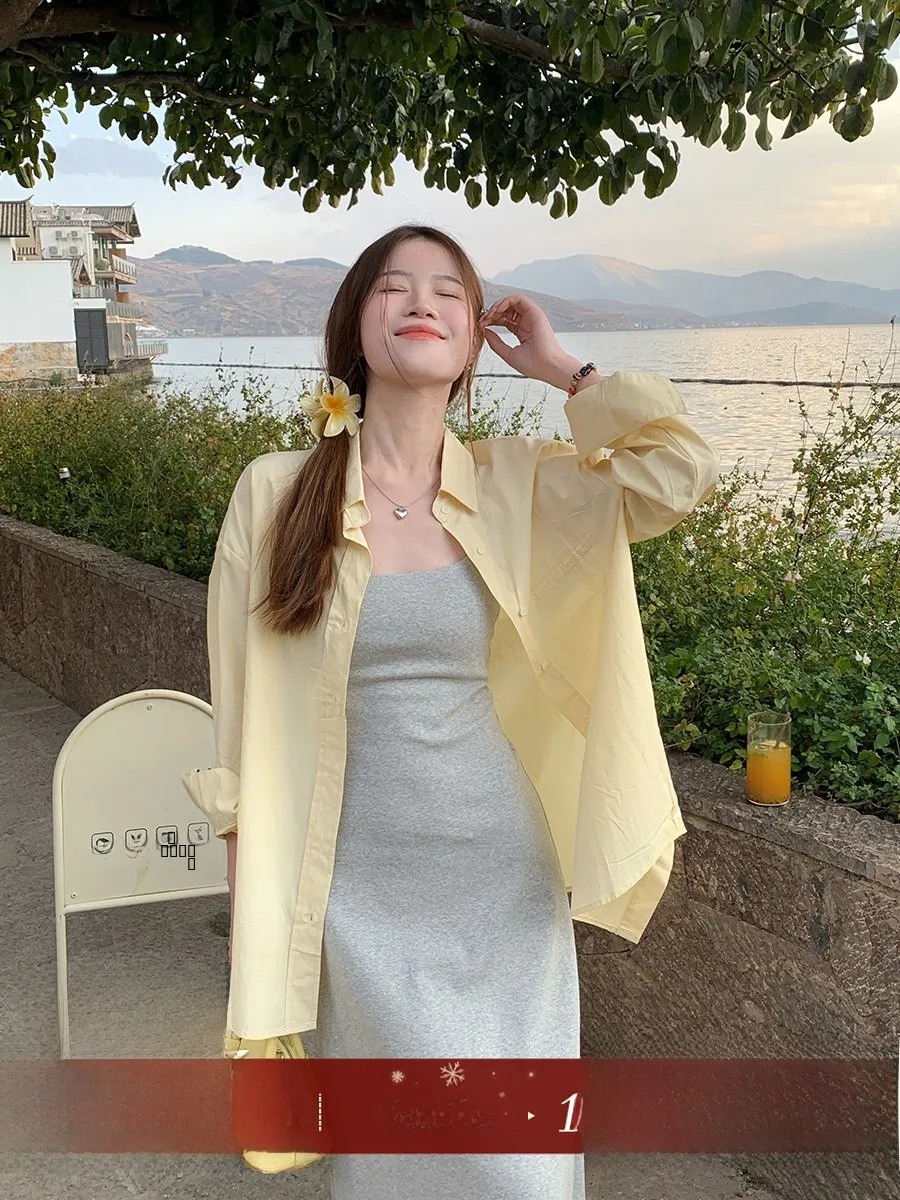

Summer Yellow Shirt Women's Fashion Korean Style Sun Protection Loose Fit Long Sleeve Button up Pure Color Casual Top