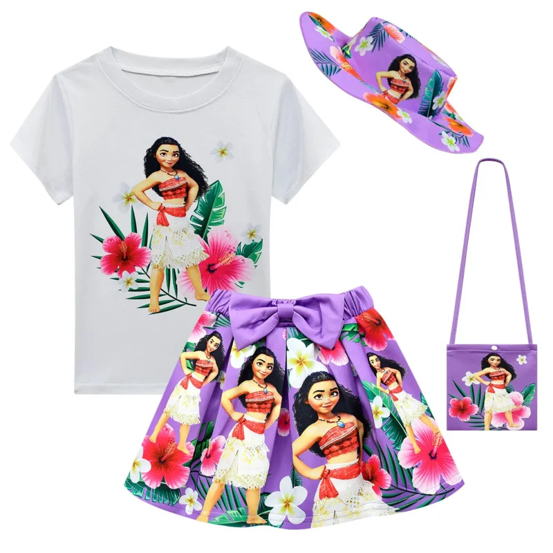 Kids Clothes Sets Moana Costume Summer Girls Short Sleeve T-shirt Skirt Bag Hat 4pcs Birthday Party Decoration Children Outfits