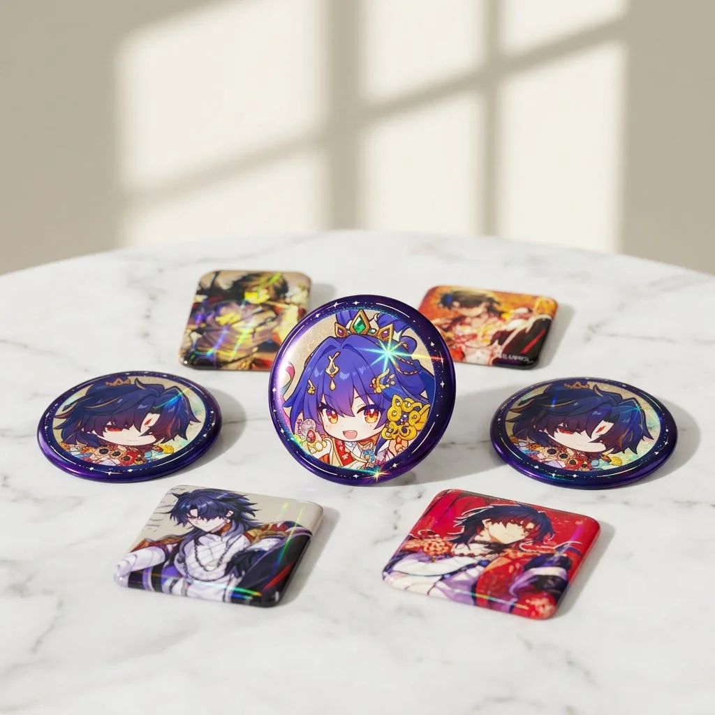 Reflective Glitter Tinplate Badge 6pcs Set Anime Game Peripheral Cute Round Rectangle Brooch Pin Birthday Gift for Friends Teens