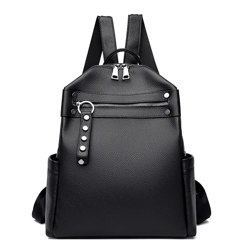 

New Fashion Genuine Leather Women Backpacks Luxury Brand Female Real Natural Leather Ladies Rivet Girl Student Casual Backpack