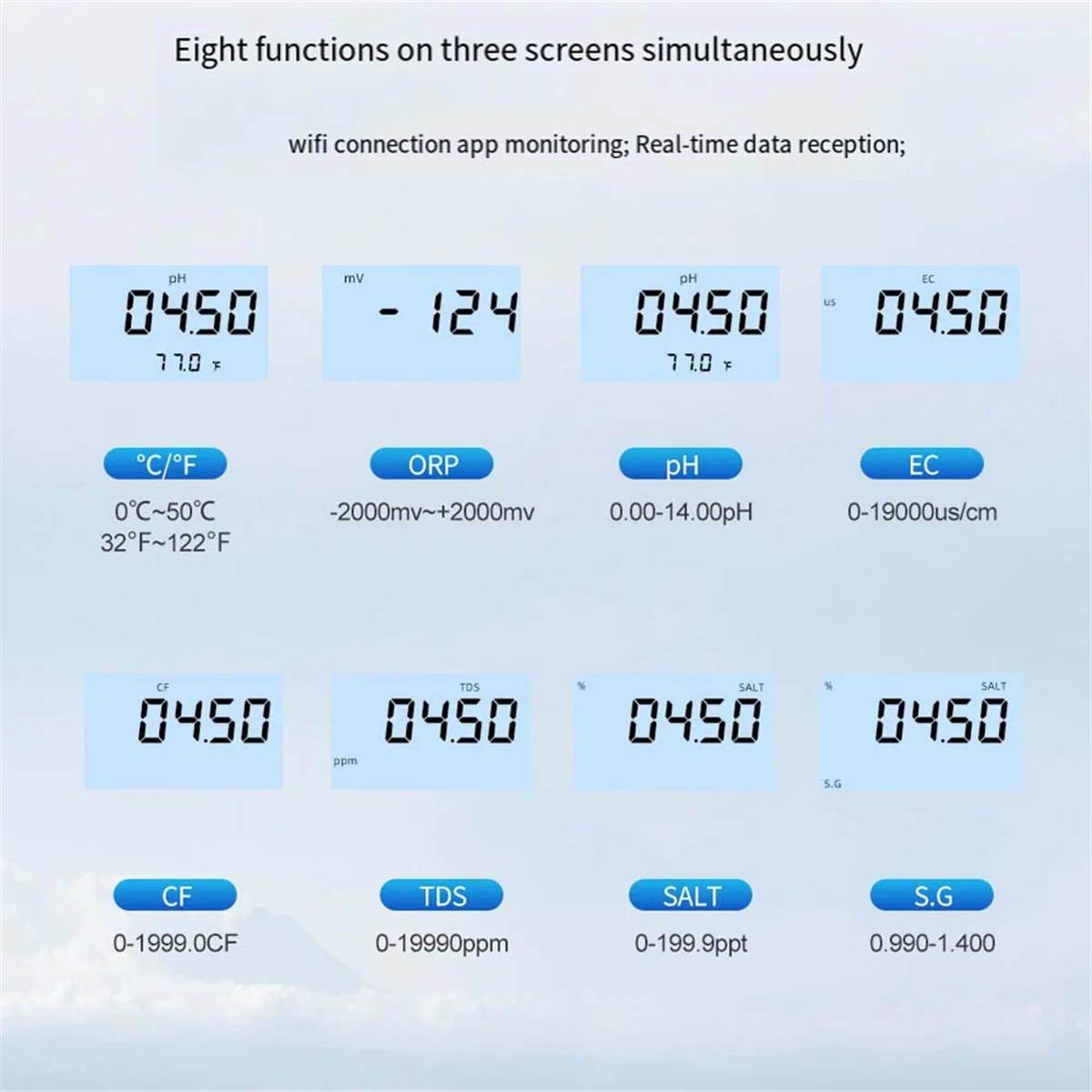 جهاز اختبار جودة المياه 8 في 1pH/ORP/EC/TDS/SALT/S.G // التحكم في تطبيق اتصال WiFi لحمامات السباحة وأحواض السمك بمقبس الاتحاد الأوروبي