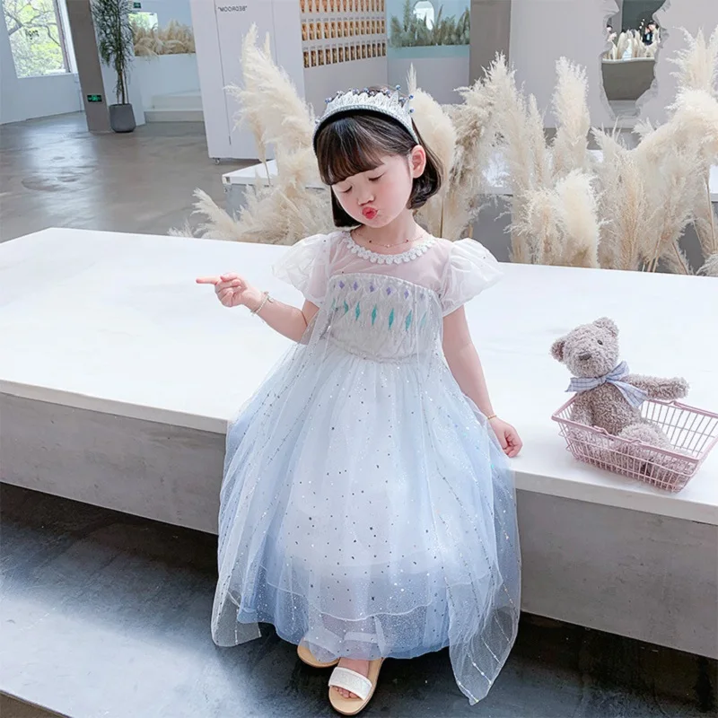 Snow and Ice Ceremonial Dress Spring Elsa Frozen for Girl Gradient Color Sweater Snow Kids Birthday Party Summer Princess Dress