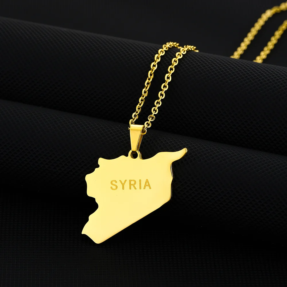 Stainless Steel Syria Geometric Pendant Necklace for Women Men Engraving Charm Jewelry Gift