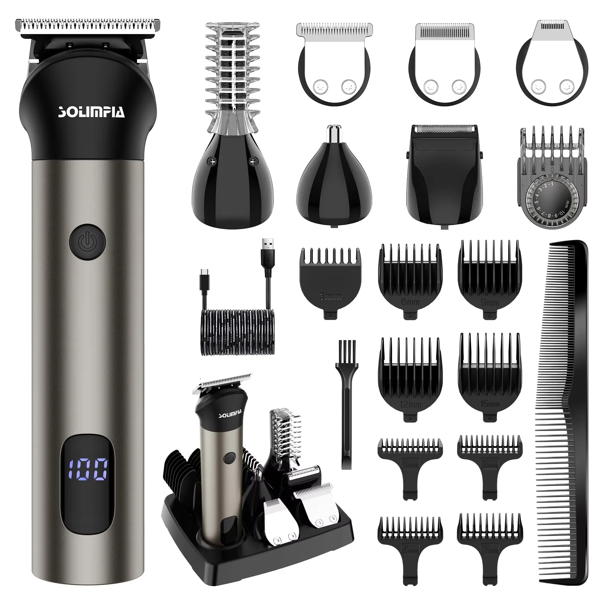 Hatteker All-In-One Hair Trimmer Set for Men - Electric Barber Haircut Machine with 7 Changeable Blades Body & Nose Trimmer