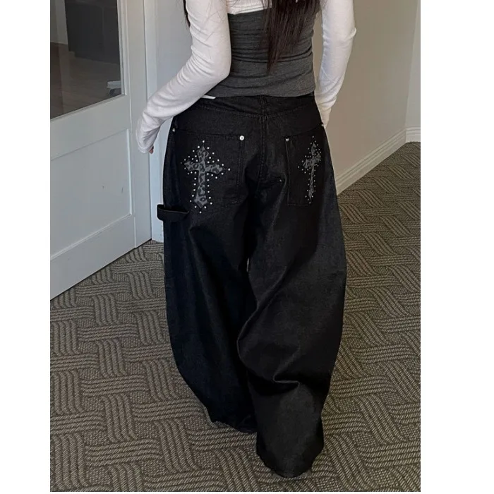 

Casual High Waist Distressed Denim Long Pants Floor-Length Lazy Style Camouflage Print Women's Jeans Loose Fit No Stretch Cotton