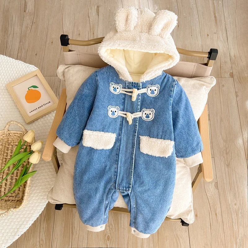 

Cute Baby Autumn Winter Romper Cartoon Fleece Velvet Warm Hooded Jumpsuit Soft Denim Outdoor Romper Boys Girls