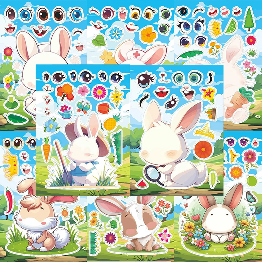 

8/16sheets Easter Rabbit Puzzle Stickers Cute Make a Face Assemble Game Funny Cartoon DIY Assemble Jigsaw Toy Party Reward Gifts
