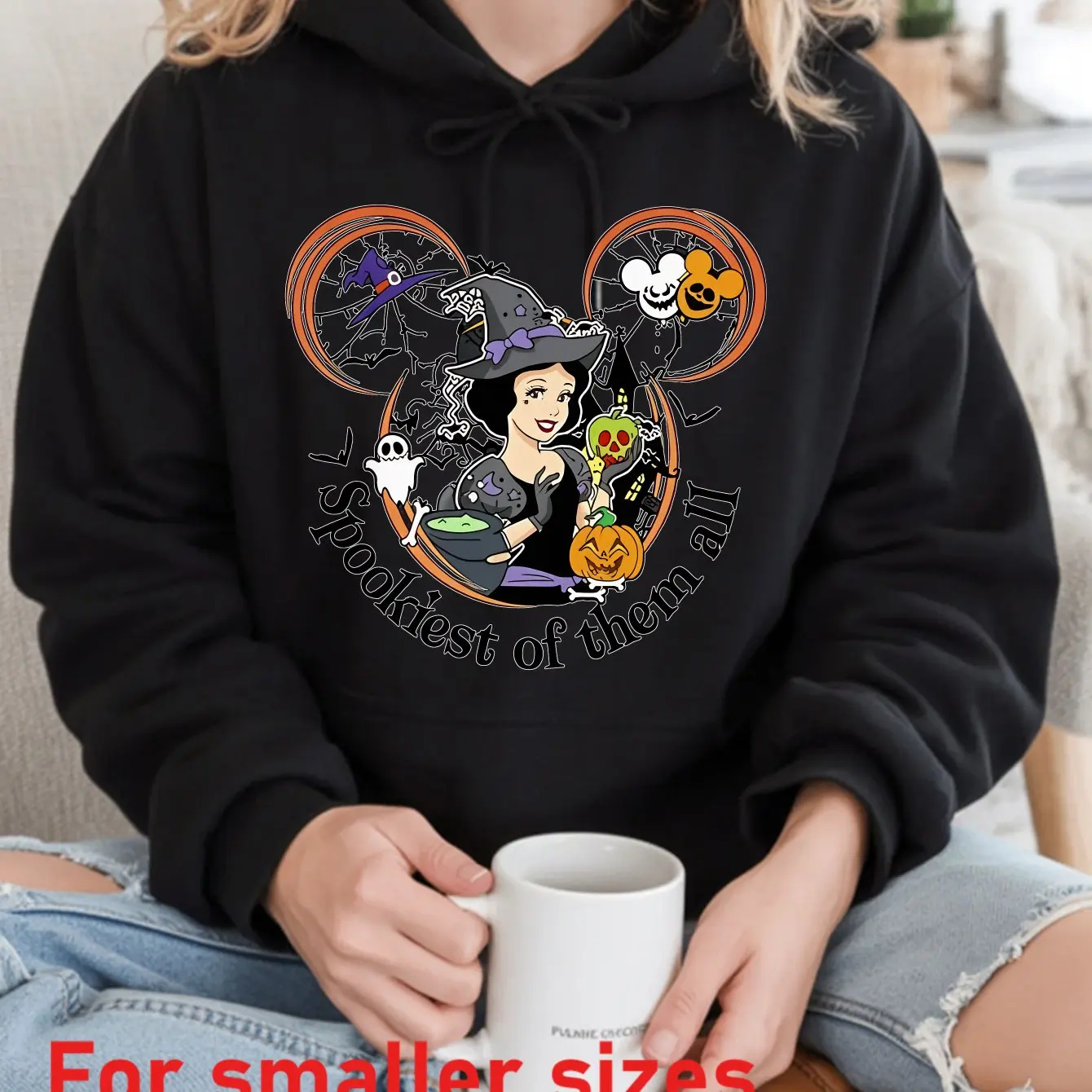 Moletom feminino de algodão branco de neve da Disney com estampa de abóbora de bruxa de Halloween do Mickey Mouse, confortável, respirável, casual