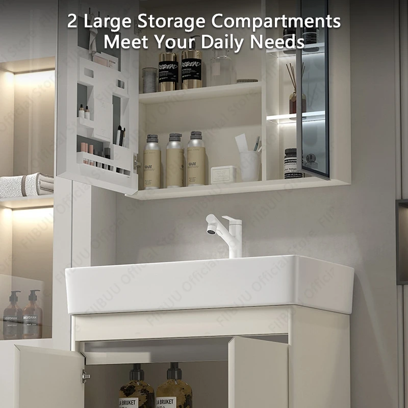 Luxury Bathroom Vanities Cabinet with Ceramic Wash Sink Basin Combo Wall Mounted Floating Cabinet with Mirror Cabinet Faucet Set