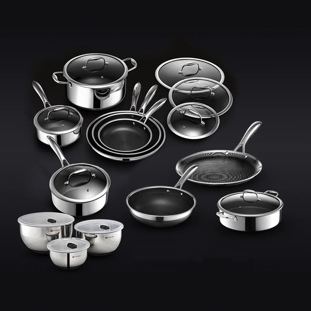 

20 Pc Hybrid Cookware Set W/ Lids Stainless Steel Wok Kitchenware 3-ply Stainless Steel Honeycomb