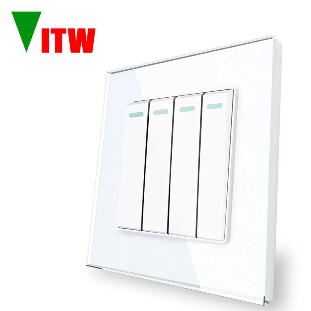 لوحة مفاتيح مدمجة Vitw 86 * 86 مم، AC 110-250V EU إضاءة عالمية 1 Gang مفتاح ثنائي الاتجاه، مقبس طاقة من الزجاج المقسى الأبيض