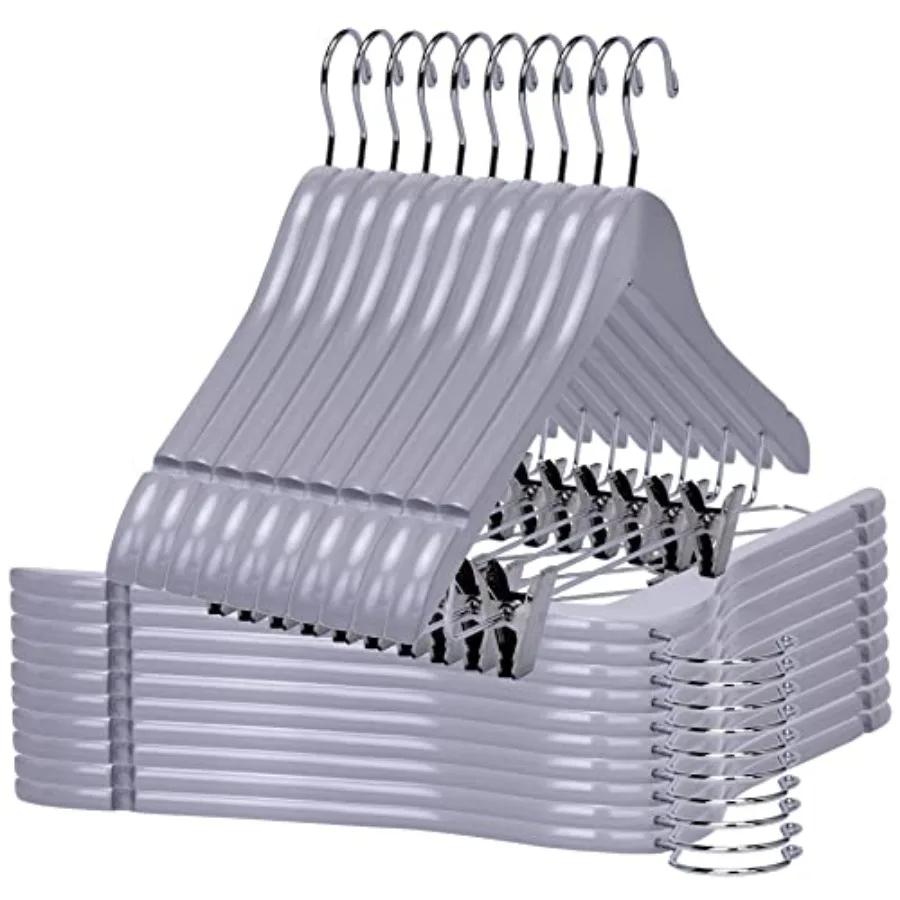 

Quality Wooden Skirt Hangers with Clips 20-Pack Smooth Solid Wood Pants Hangers with Durable Adjustable Metal Clips Swivel Hook