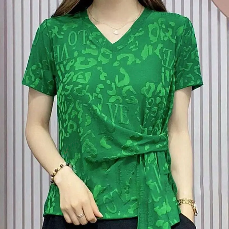 Stylish Folds Patchwork T-shirt Female clothing short Sleeve 2023 Summer Commute V-Neck Casual Letter Jacquard weave pullovers