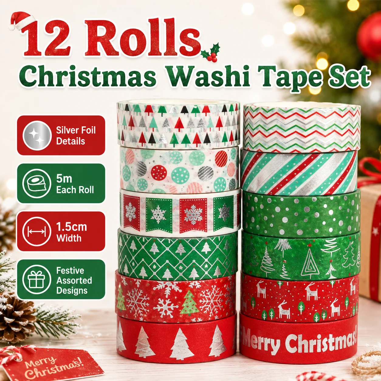 12 Rolls/Box Of Christmas Tree Red Green Color Washi Tape,Diy Photo Album Gift Decoration Supplies,Foil Stamping Craft.