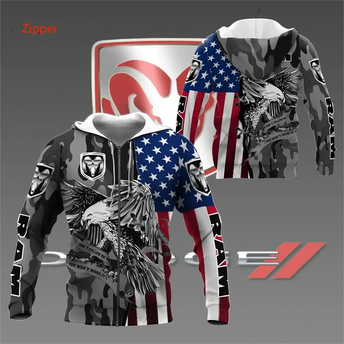 2024 Spring and Autumn Sports Personality Street Men's and Women's Racing Jacket 3D Motorcycle Dodge Challenger Hoodie Zipper