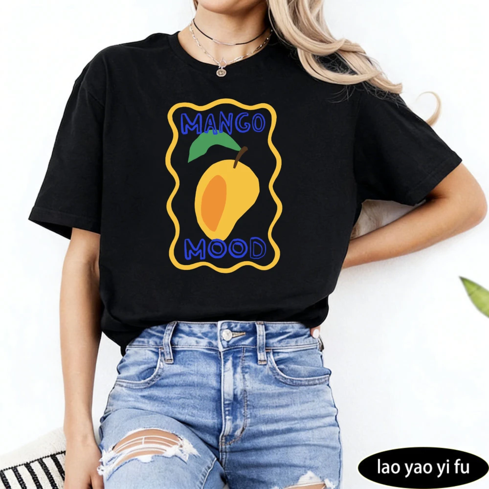 Mango Mood Fruit Graphic Short-Sleeve Crew-Neck T-Shirt Bright Color Cartoon Women Tshirt Summer Short Sleeve Tropical Tee