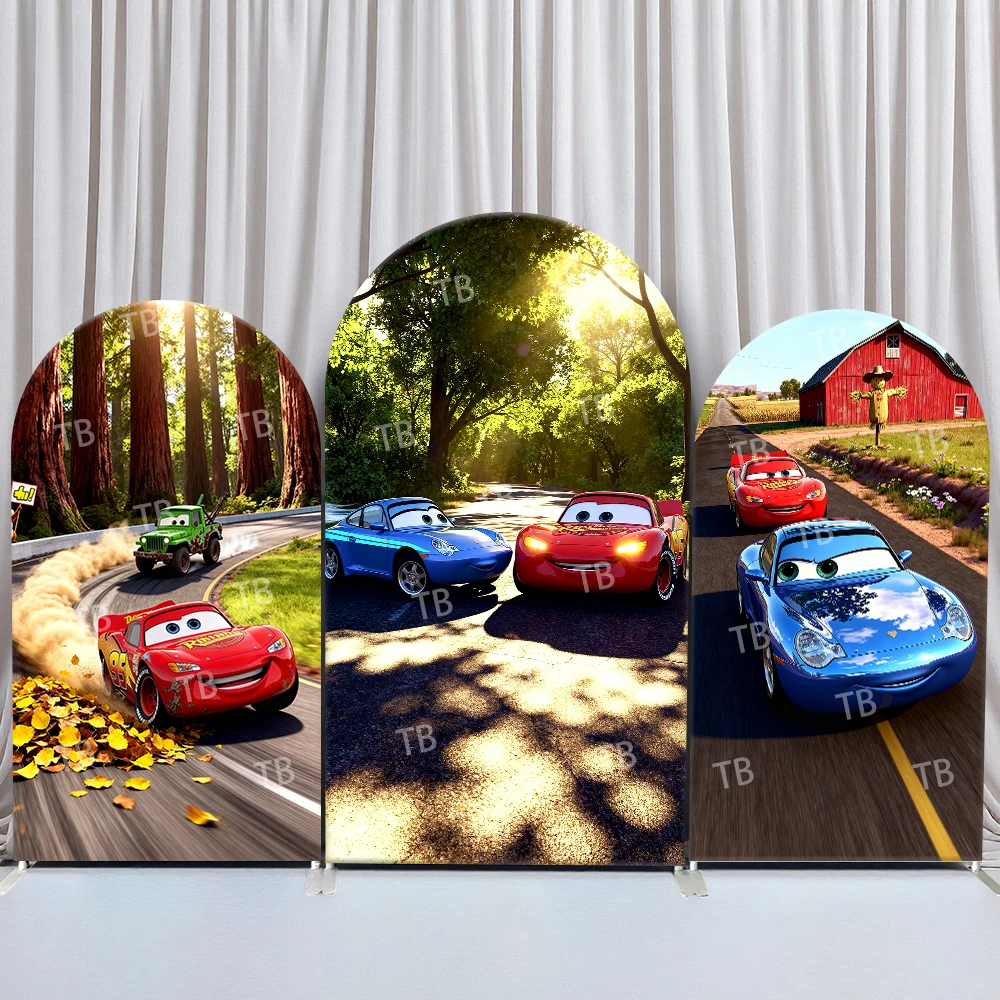 

Disney Cars Arch Backdrop Cover Birthday and Baby Shower Forest Road Autumn Leaves Farm Theme for Kids Party Photo Booth Decor
