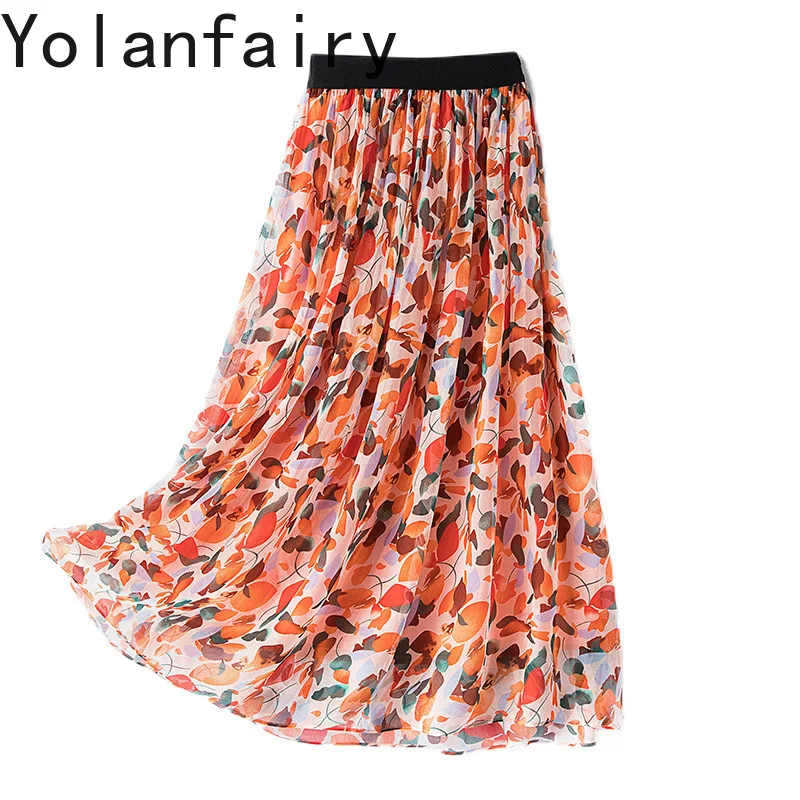 YOLANFAIRY 100% Real Mulberry Silk Skirts for Women Summer Korean Fashion Floral Long Skirt Elastic Waist Elegant Skirts 2026