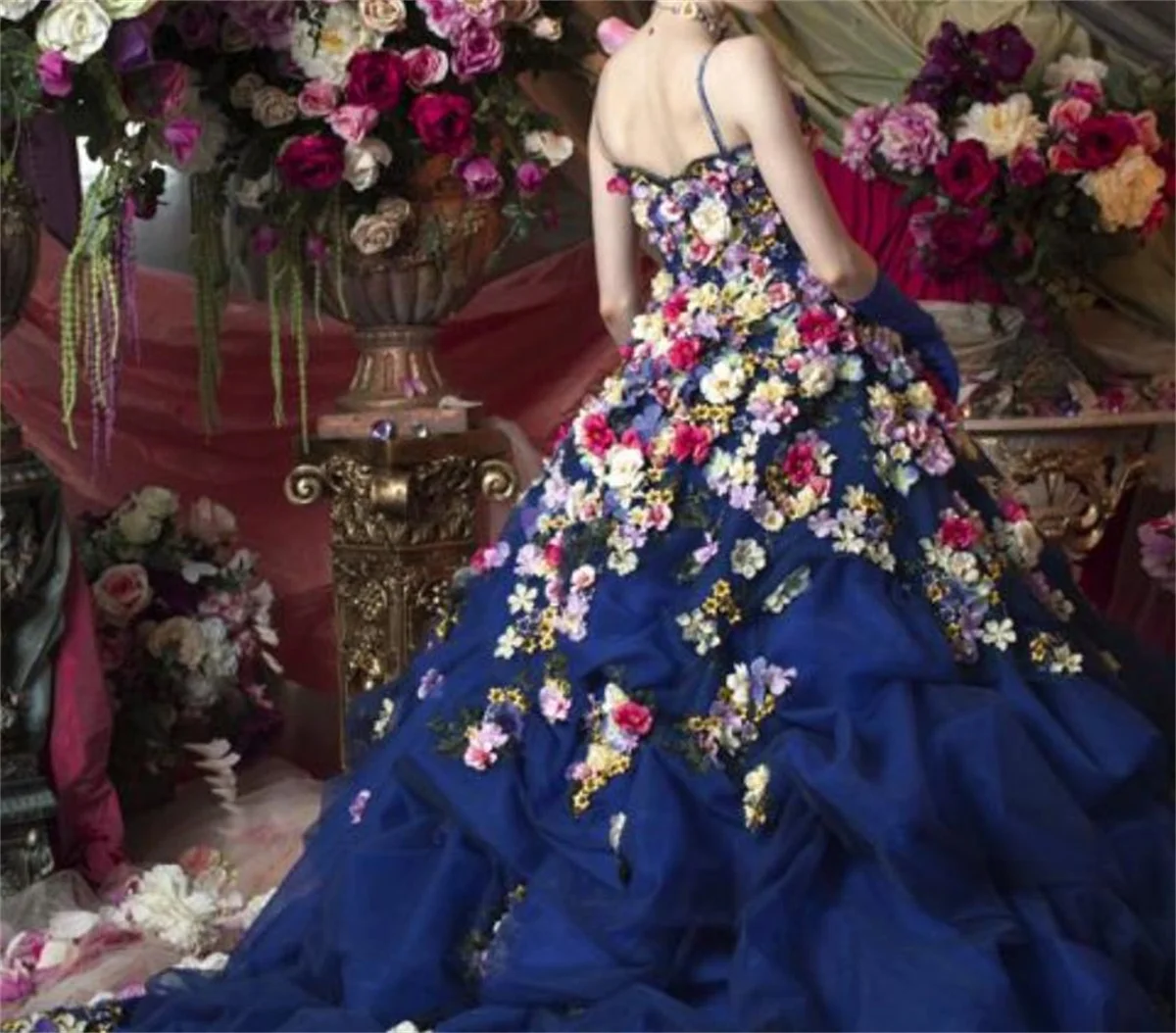 Свадебное платье на заказ, синее Плиссированное Тюлевое Пышное Платье с подтяжками в виде цветов, Листьев, элегантное роскошное платье со шлейфом в деревенском стиле, 2023
