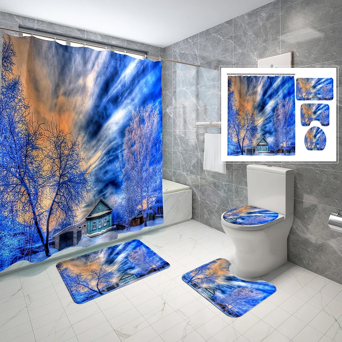 4 Pcs Fantasy Winter Tree Shower Curtain Sets Nature Winter Village Non-slip Bath Mat Toilet Lid Waterproof Shower Curtain Set