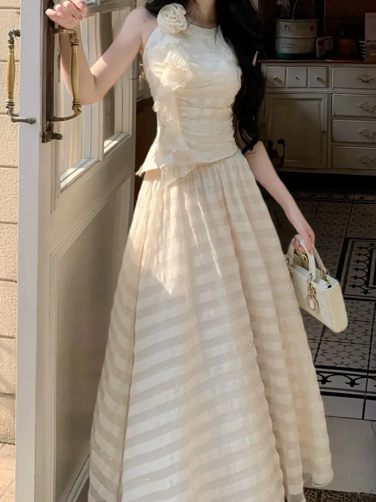 

Elegant Fairy Women's Two Pieces Sets Floral Ruffles Sleeveless Halthes Top Striped High Waist A Line Skirt Suit Set Outfits New