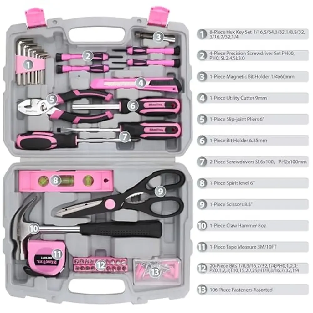 149-Piece Pink Tool Kit Home Repair Plastic Toolbox Set with Variety of Tools Quality Steel Material Multi-Purpose DIY Toolkit