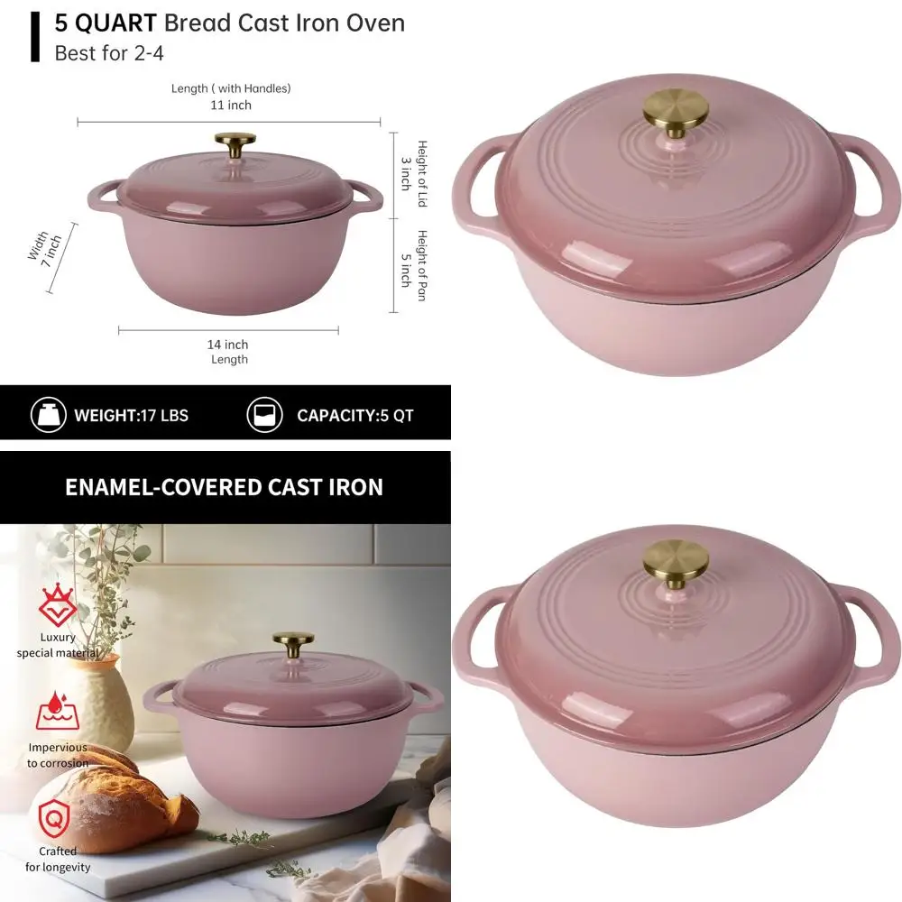 

Enameled Cast Iron Dutch Oven, 5.5QT Non-Stick Oval, Ideal for Sourdough and Artisan Bread Baking (Pink)