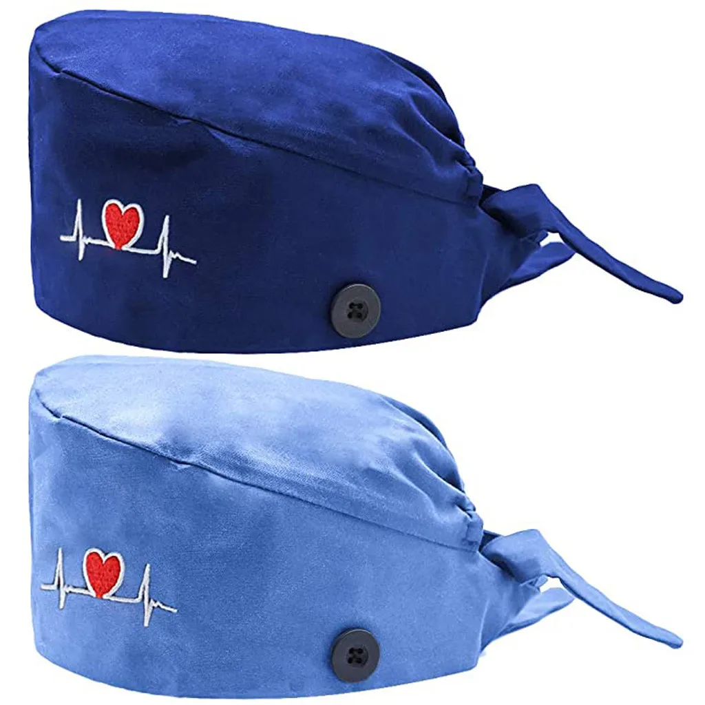 2 قطعة/3 قطعة زر الحب ضربات القلب التطريز القطن غرفة العمليات قبعة معاطف للأطباء والممرضات قبعة التجميل الغبار قبعة القرع