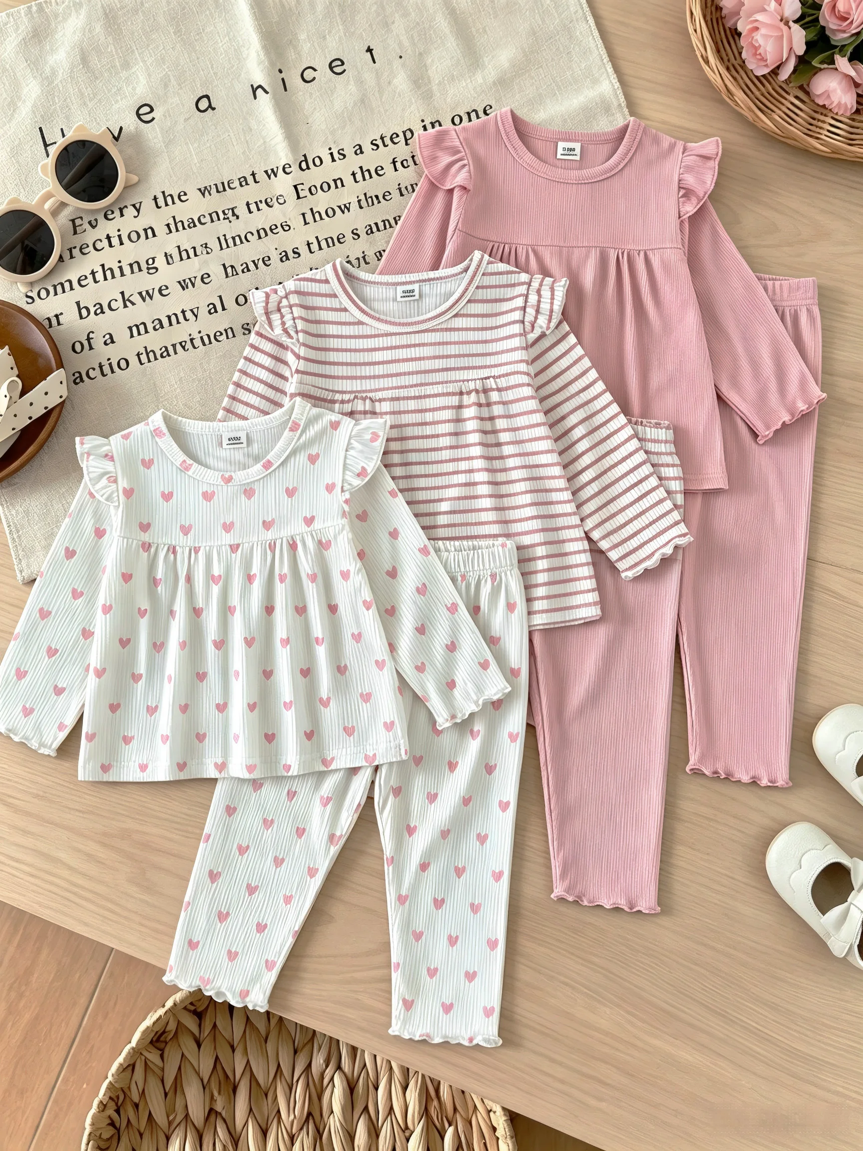 6-piece set of sweet princess homewear for baby and toddler in spring and autumn, with round neck and ruffled hem pants and paja