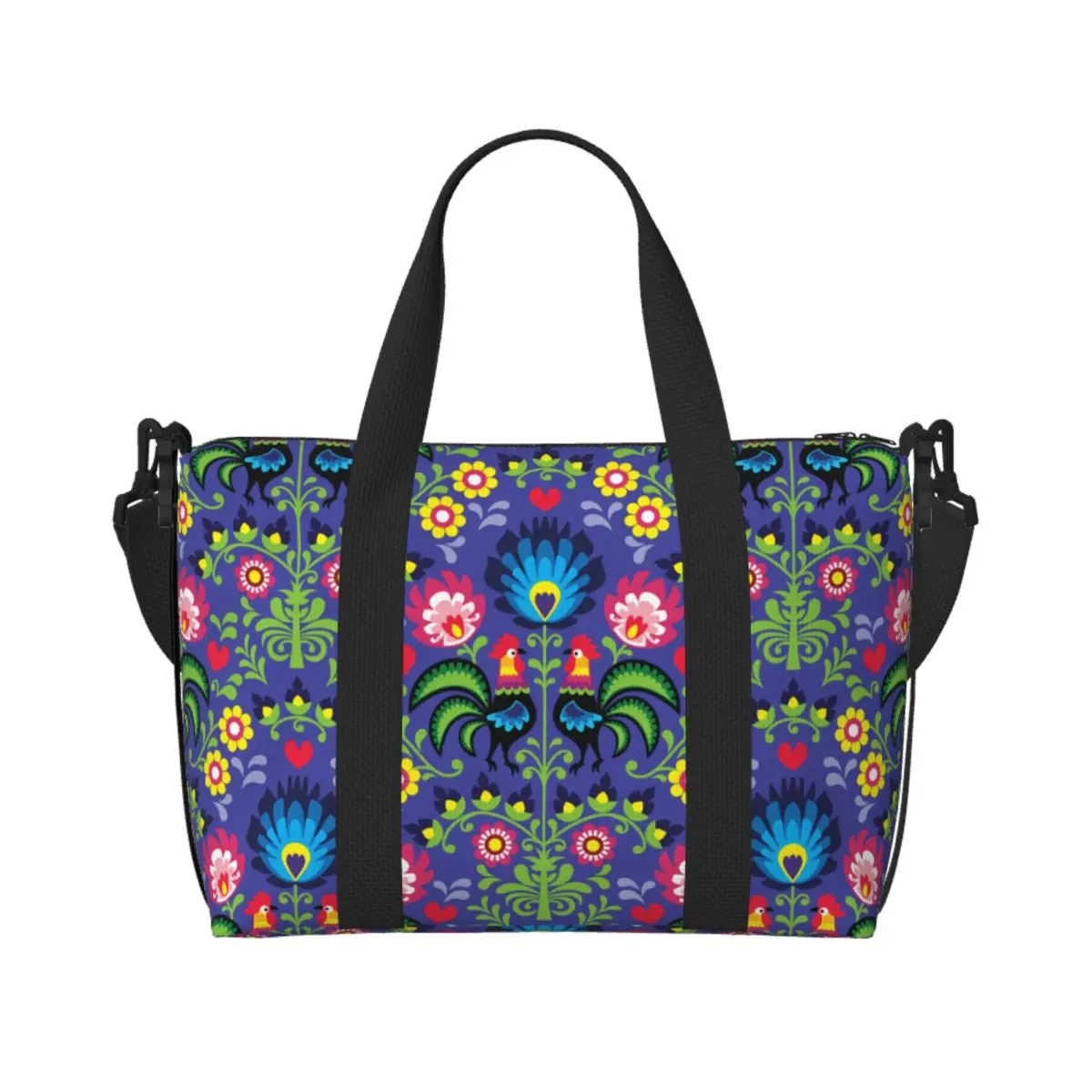 

Custom Polish Folk Rooster Pattern Tote Bag Women Big Capacity Beach Gym Travel Bags