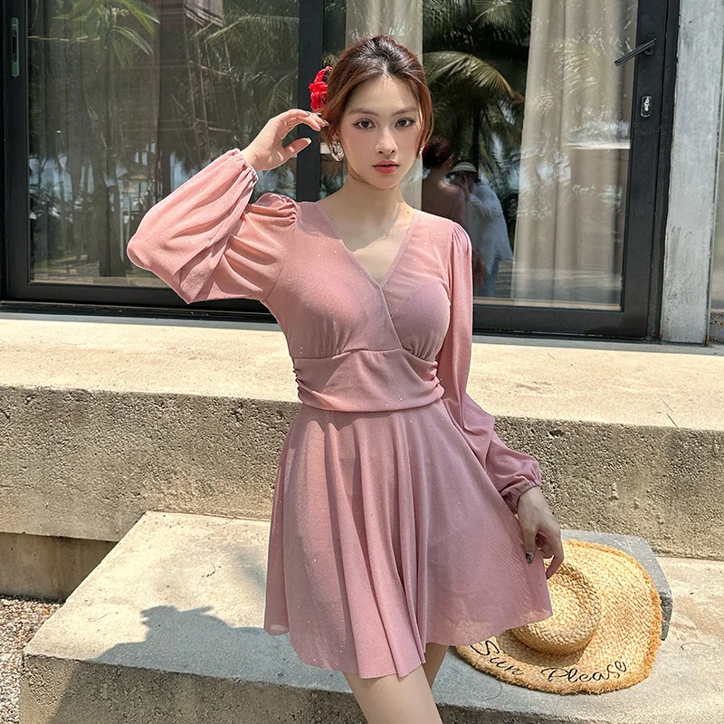 Plus Size Swim Dress Swimsuits Padded Long Sleeve Women Ladies Modest Swimwear Monokini One-piece Swimsuit with Skirt Boyshorts