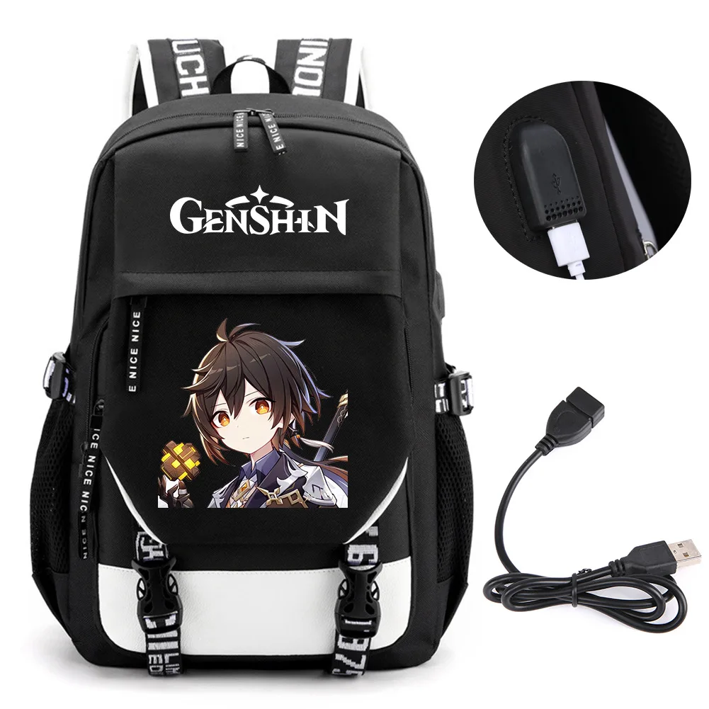 Anime Genshin Impact zaino School Book Bags Mochila Travel USB Port Bag Laptop Boy Girls zaino