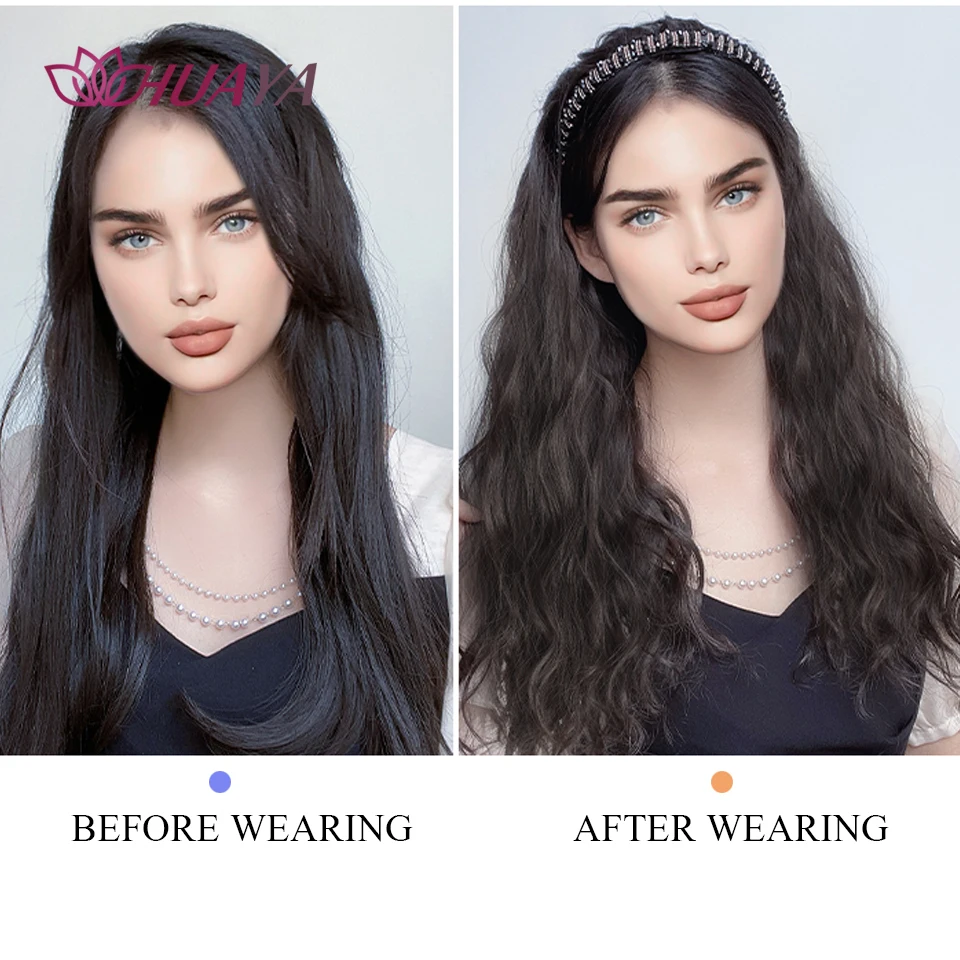 HUAYA Synthetic Headband Wig Natural Seamless Clip in Hair Extensions  Long Wavy Women\'s Wig Natural Heat Resistant Half Wig