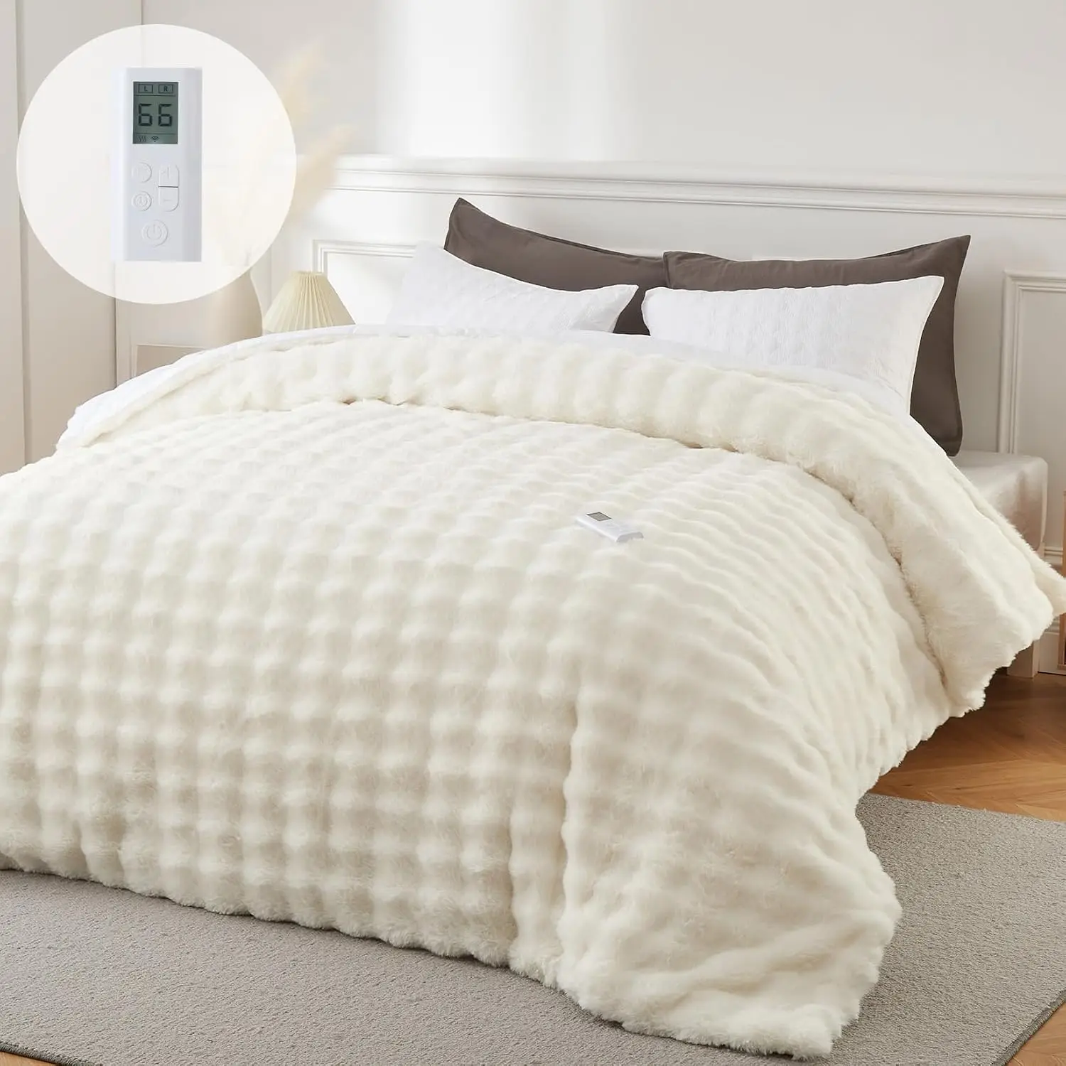 Wireless Heated Comforter Queen Size, Soft Faux Fur, Dual-Zone Control, White, Battery-Powered Warm Bedding for Bed