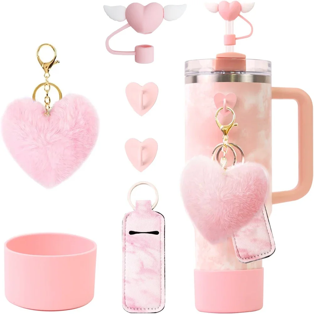 

Accessories Set for Stanley 40oz & 30oz Tumbler Including Silicone Boot Straw Cover Cap Heart Hook Lipstick Bag and Heart Pompom