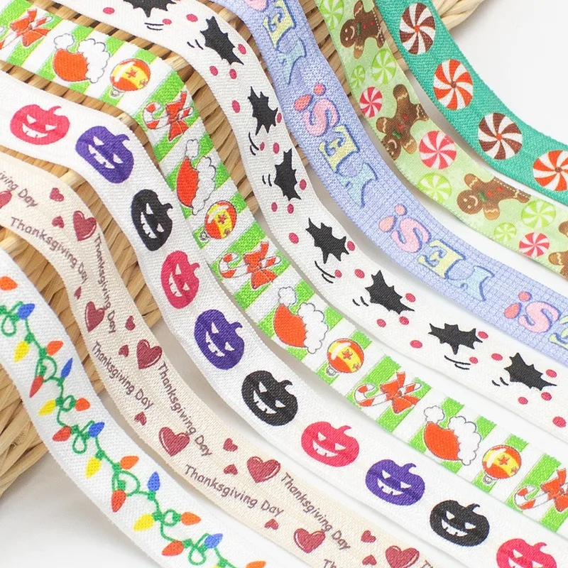 50Yards 15mm Heat Transfer Shiny FOE Fold over Elastic Ribbon Halloween Designs Christmas Printed Fold over Elastic Tape