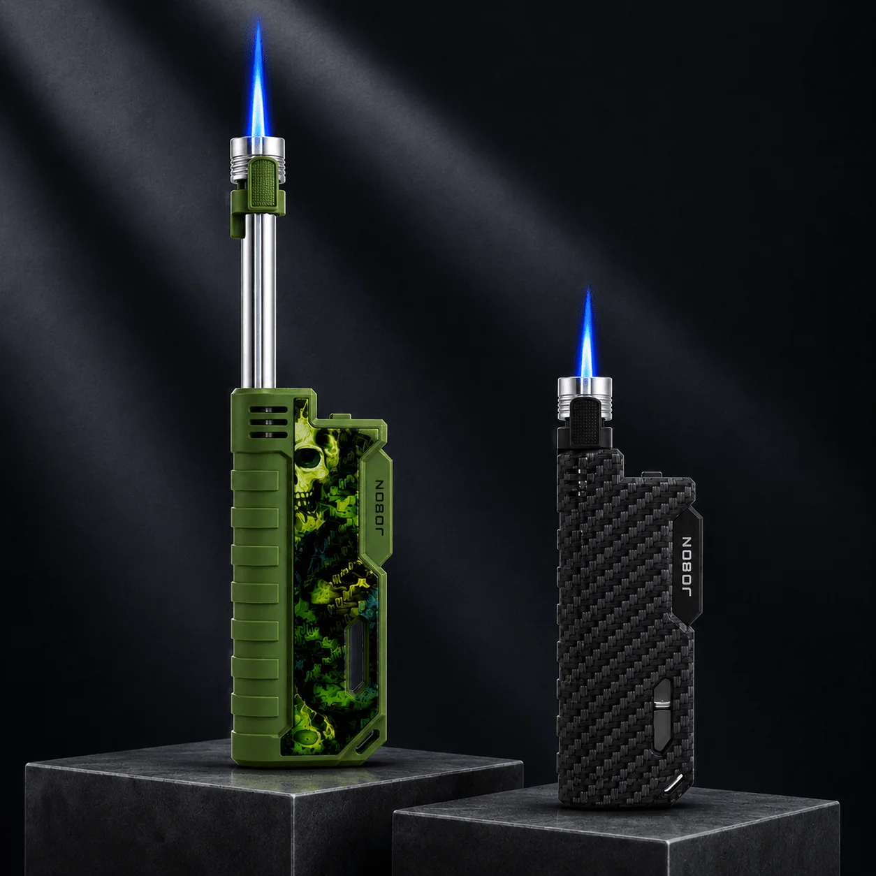 Lighter Windproof - ไฟแช็คแก๊สบิวเทนสีน้ำเงินเมทัลลิก ทนลม พกพาสะดวก พร้อมระบบล็อคไฟแบบคงที่ เหมาะสำหรับทำอาหารในครัวและบาร์บีคิวนอกสถานที่