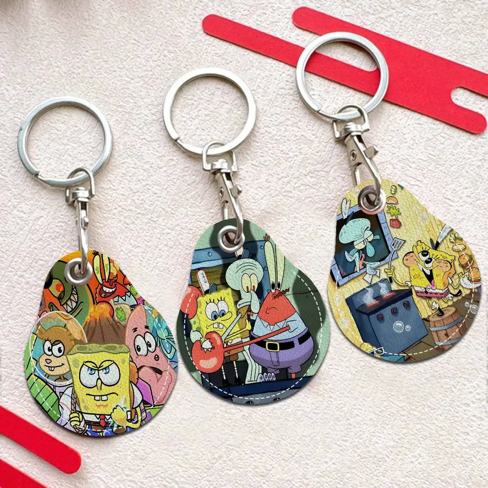 Kawaii Cartoon Funny S-SpongebobS PU Access Case Anti-fall Card Holder Keychain Accessories Fingerprint-proof Key Tag Ring